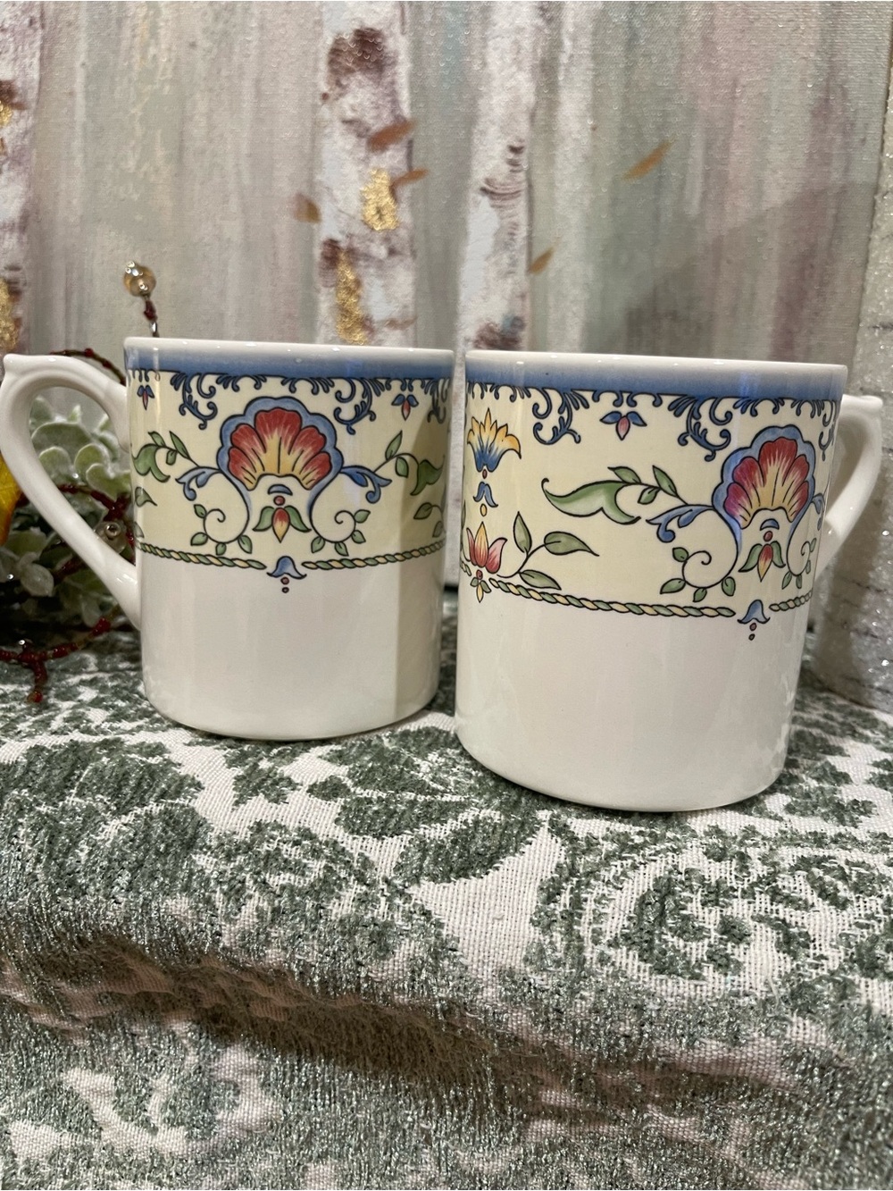 Gien France Marie-Louise Set of 2 French Faience Cottagecore Floral Coffee Cups